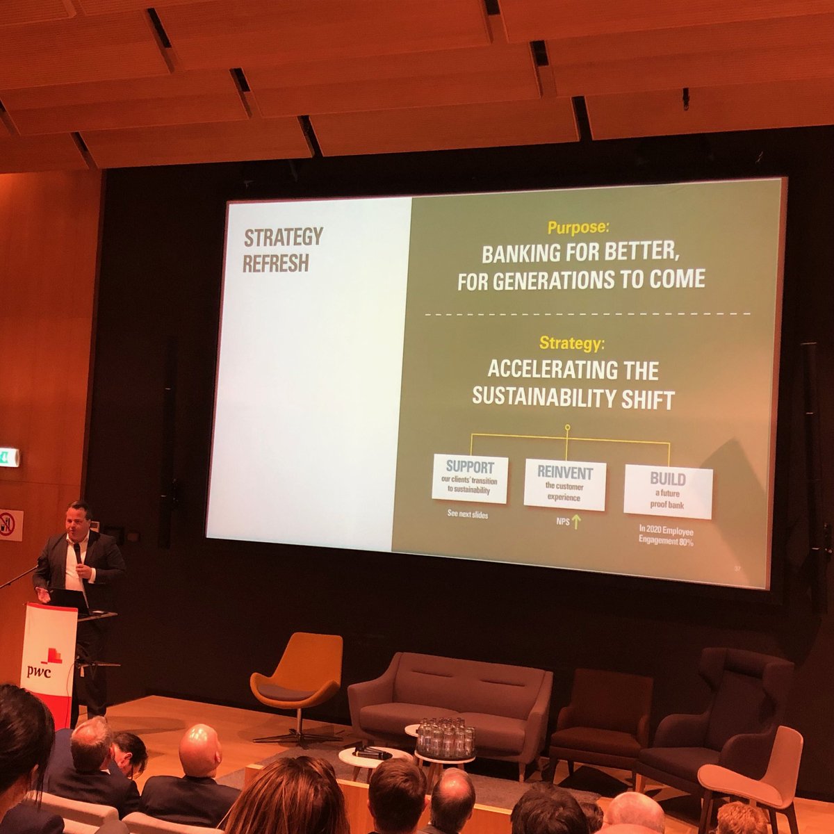 PwC_Luxembourg's tweet photo. Tjeerd Krumpelman ⁦@ABNAMRO⁩ now talking about how his company did a "strategy refresh"  to support clients' #transformation to #Sustainability #GreenFinance day #Luxembourg https://t.co/tnPpajMJ1H