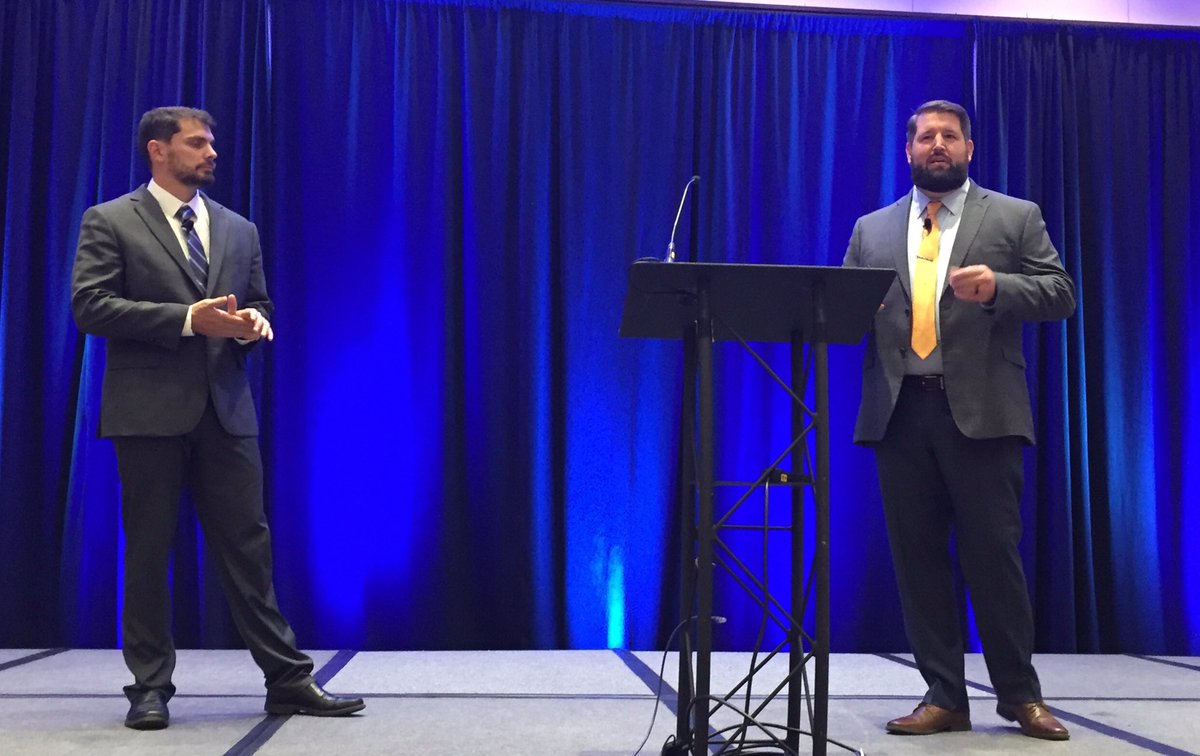 AaronHand's tweet photo. Brian Kyles and Daniel Harr of Delta Systems & Automation: >50% of downtime is just figuring out what to do with the machine. If we can enable...info at their fingertips, they can operate at a much higher #OEE. #AutomationWorldConference https://t.co/Jv4An36Be2