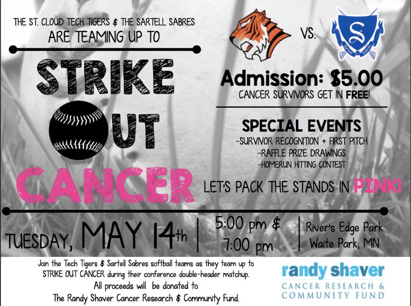 Join us for night of celebrations! Come help us celebrate our 3 SENIORS as we team up with <a href="/gosartellsabres/">Sartell Sabres</a> softball team to STRIKE OUT CANCER 🥎 

⏰ 5:00 pm and 7:00 pm
📍Rivers Edge Park, Waite Park