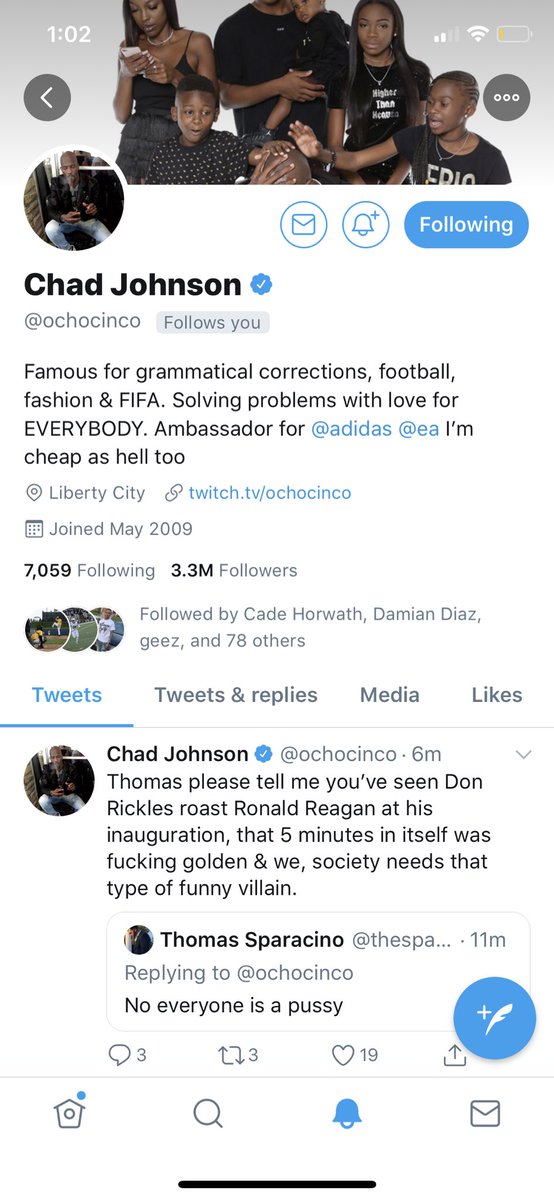 Burtiscrewer's tweet photo. goats recognize goats. appreciate the follow back ๐ค๐ฟ #FifaKings ๐๐ @ochocinco https://t.co/1394LrxTKD
