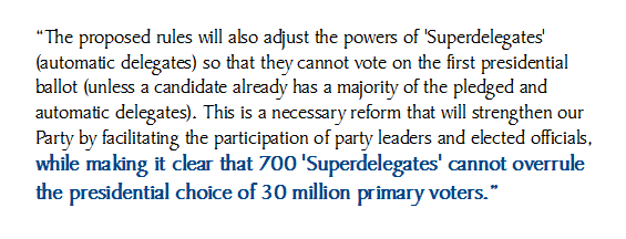 2/August 2018,  @DNC voted (as a concession to  #Progressives ) to remove not-so-super automatic delegates, but only for 1st rnd voting. A real reform would have removed them entirely - hence the flood of Dem. candidates - an end run around to concession. https://demrulz.org/news/dnc-members-its-time-to-reform-superdelegates