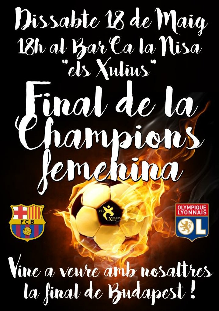 xulius's tweet photo. Aquest dissabte vine a animar el #Barça a la #FinalChampions femenina! A les 18h als #Xulius!!
#spribes #esportfemeni #endavantnoies #aquestanysi
@AitanaBonmati https://t.co/I6FEHycwYD
