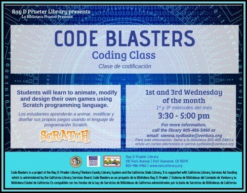 vencolibrary's tweet photo. In Code Blasters, students will learn to animate, modify, and design their own games using Scratch programming language.
Tomorrow, Wed, May 15, 2019, 3:30 - 5:00pm
#vclPrueterLibrary, Call 805-486-5460 for more information https://t.co/nKiSzTJKqw