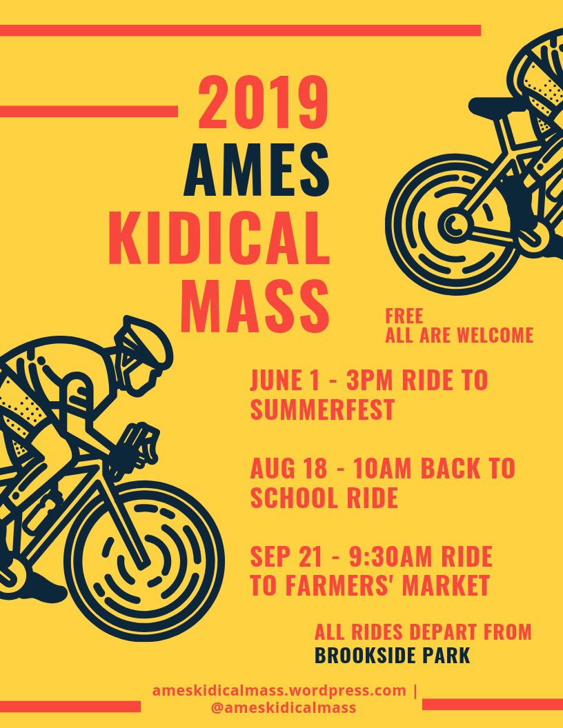AmesKidicalMass's tweet photo. The 2019 Kidical Mass season is here! Come ride your bike with us!: @AmesFarmersMkt @AmesBicycles https://t.co/pnFCBD4QEb