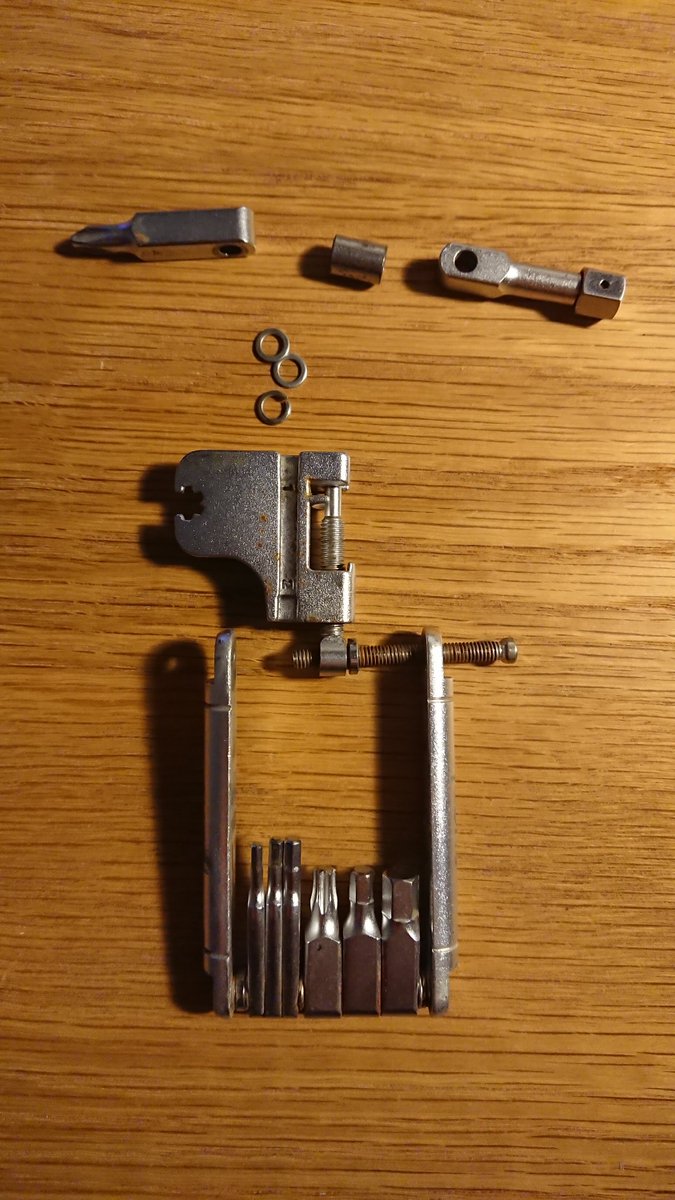allyharp's tweet photo. @fabriccycling Your (otherwise great) 16 in 1 tool refuses to stay together and now it's lost some bits.  Any chance you can tell what's missing from the photo and help source some replacements? https://t.co/ItWU9p4iAM