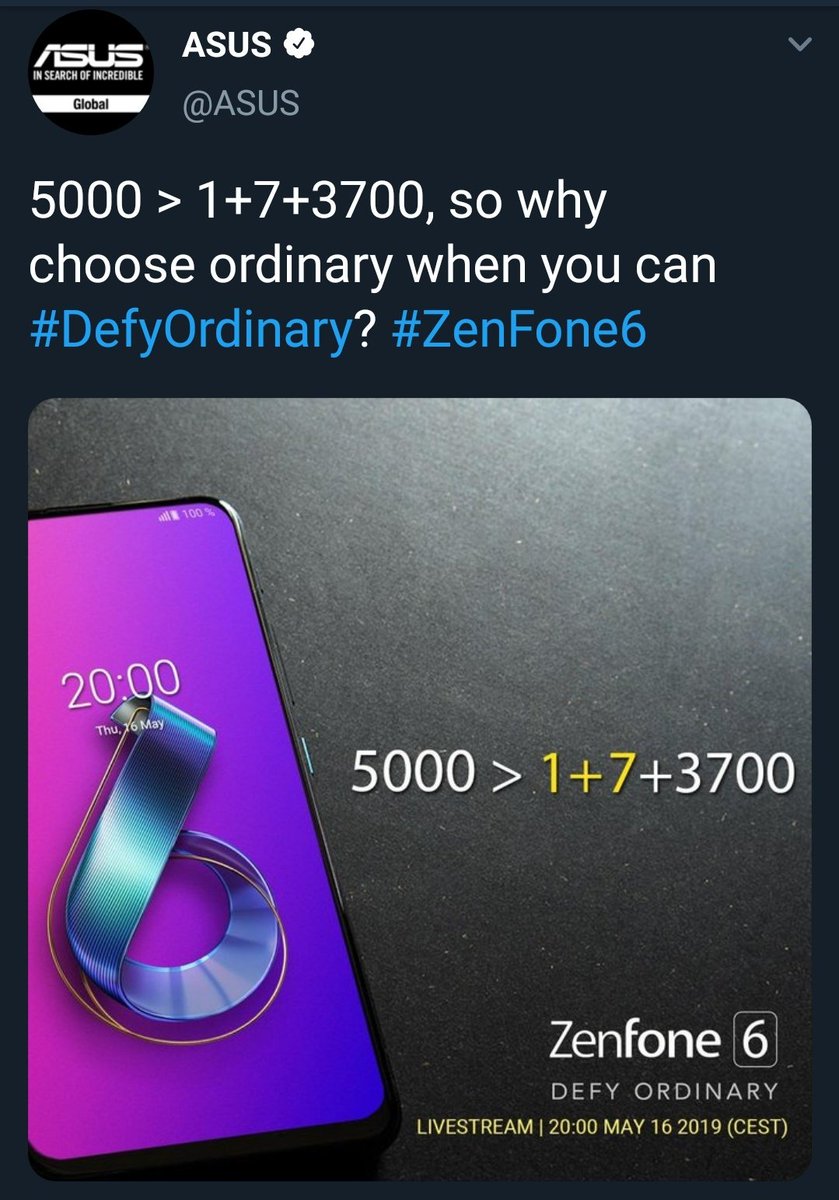 TECHFIRST3's tweet image. @phoneradarblog @CNET @ndtvgadgets @igyaan @GSMA @gsmarena_com @livemint @IndiaToday @amitbhawani  @sharmajitech @TechnicalGuruji @iamprasadtech @prasadyoutuber @geekyranjit  @TrakinTech @AmreliaRuhez 

#ASUS trolls #oneplus7 conforms 5000mAh in #ZenFone6