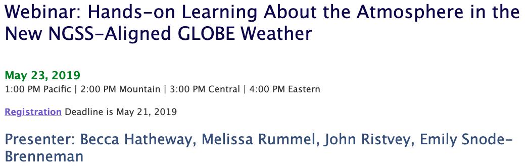 UCARSciEd's tweet photo. Say hello to the new GLOBE Weather curriculum with a free webinar hosted by #UCARSciEd! GLOBE Weather is a new five-week NGSS-aligned instructional unit for middle school students. Learn more on May 23, 4 ET. Register to attend! https://t.co/6KbBeLTwOb https://t.co/iLeEsjY70B