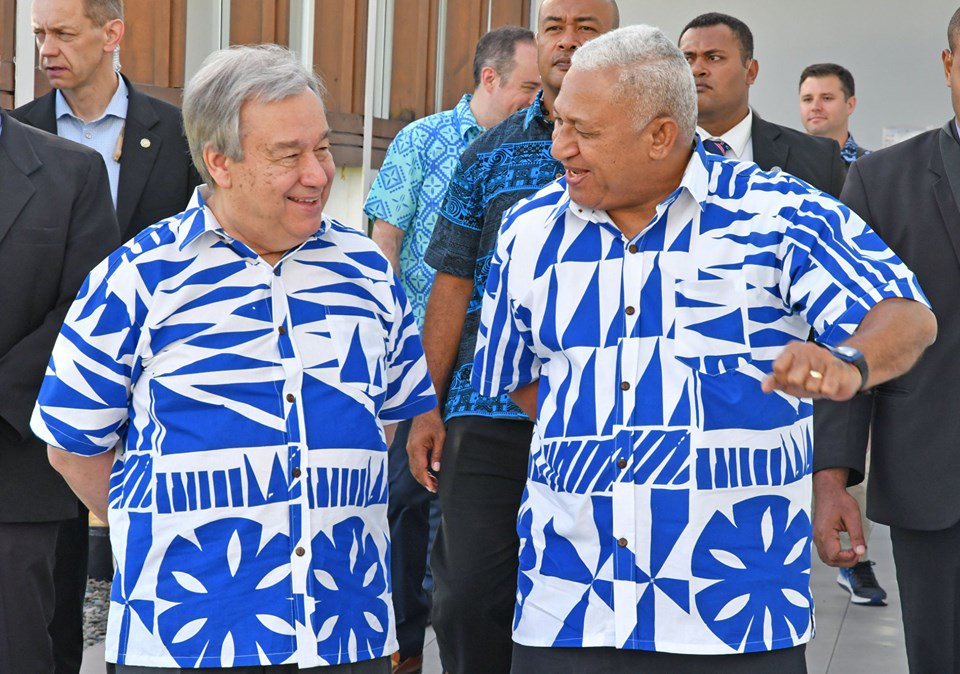 Frank Bainimarama and Antonio Guterres wearing Bula Shirts