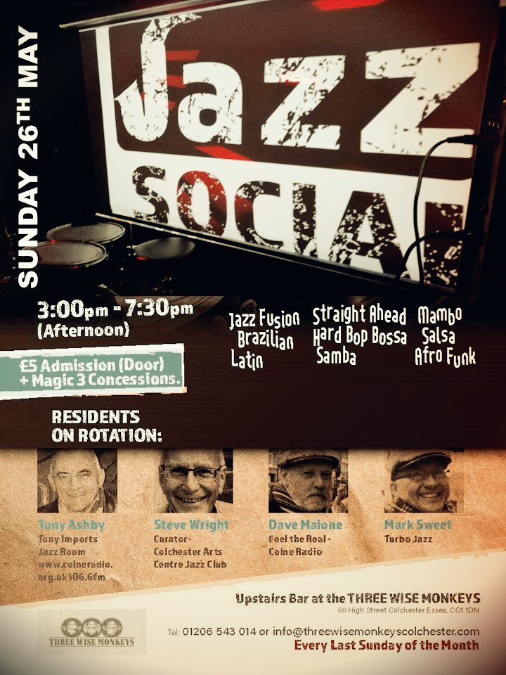 Eastern Jazz Live (@easternjazzlive) on Twitter photo OK, time to don your dancin' shoes for the next <a href="/jazz_social/">the jazz social</a> on Sunday, May 26th, at Three Wise Monkeys Colchester, 3.00pm-7.30pm. Be there - or else! - and please share.
#Mambo #Latin #Salsa #Samba #Cuban #Afro #Bop #Bossa #Straightahead #jazz #funk #fusion OK, time to don your dancin' shoes for the next <a href="/jazz_social/">the jazz social</a> on Sunday, May 26th, at Three Wise Monkeys Colchester, 3.00pm-7.30pm. Be there - or else! - and please share.
#Mambo #Latin #Salsa #Samba #Cuban #Afro #Bop #Bossa #Straightahead #jazz #funk #fusion