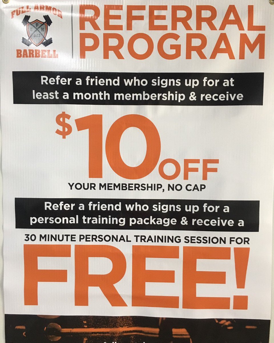 fullarmorbarbel's tweet photo. Members and Clients,
Don't forget about my awesome referral program! Real easy way to earn some discounts and free #personaltraining sessions! 

#fullarmorbarbell #referralprogram #supportsmallbusiness #shoplocal #strengthtraining #barbell #fatburning #fitness #gym https://t.co/foRjK5Bgtn