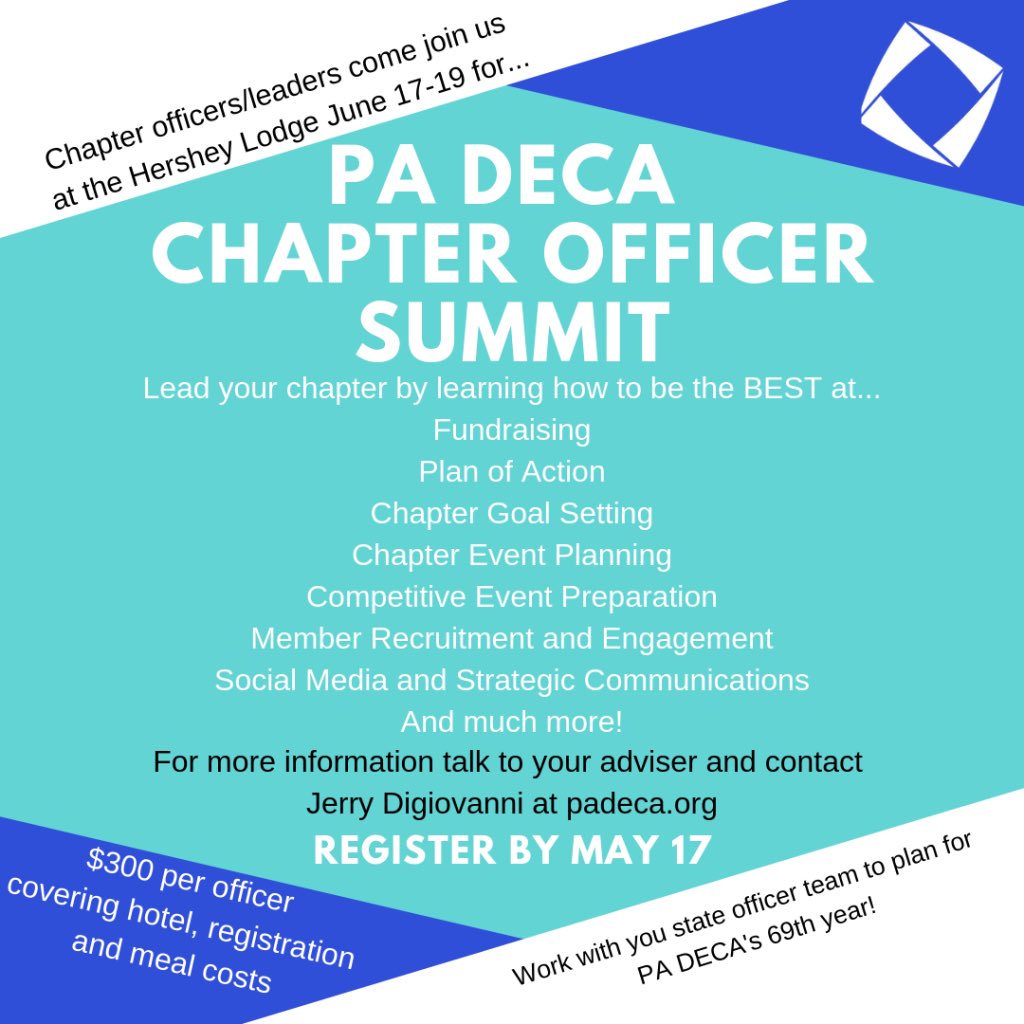 PaDECA's tweet photo. Kick your #SummerofDECA into high gear with the PA DECA Chapter Officer Summit! Visit https://t.co/Vwaejz8Bf2 for more details. https://t.co/tWSKIqAYdc