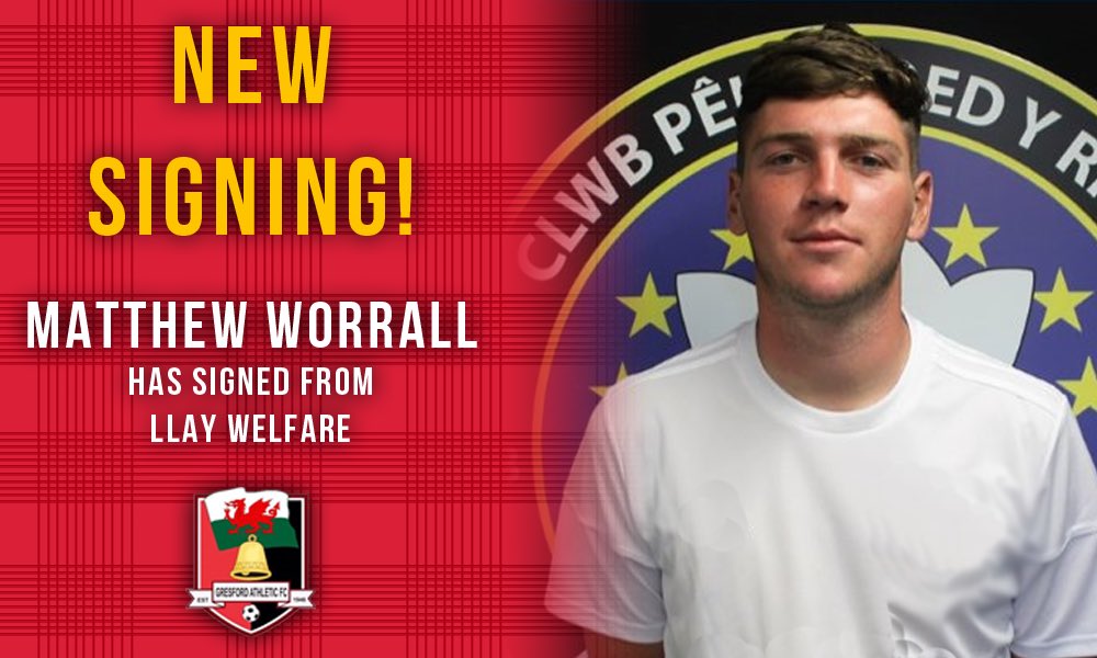 NEW SIGNING: We are delighted to announce that <a href="/GresfordFC/">Gresford Athletic FC</a> have signed <a href="/matthewworr95/">Matthew Worrall</a> from <a href="/llay_welfarefc/">Llay Miners Welfare FC</a>.

The striker has also previously played for <a href="/DenbighTownFC/">Denbigh Town FC</a> and <a href="/rhylfc/">CPD Y Rhyl 1879 official</a>.

Welcome to the club, Matthew!

With <a href="/WrexhamBrick/">Wrexham Brickwork</a>, <a href="/SGEstatesUK/">SG Estates</a> and <a href="/ELMHair_Beauty/">Elm Hair&Beauty</a>