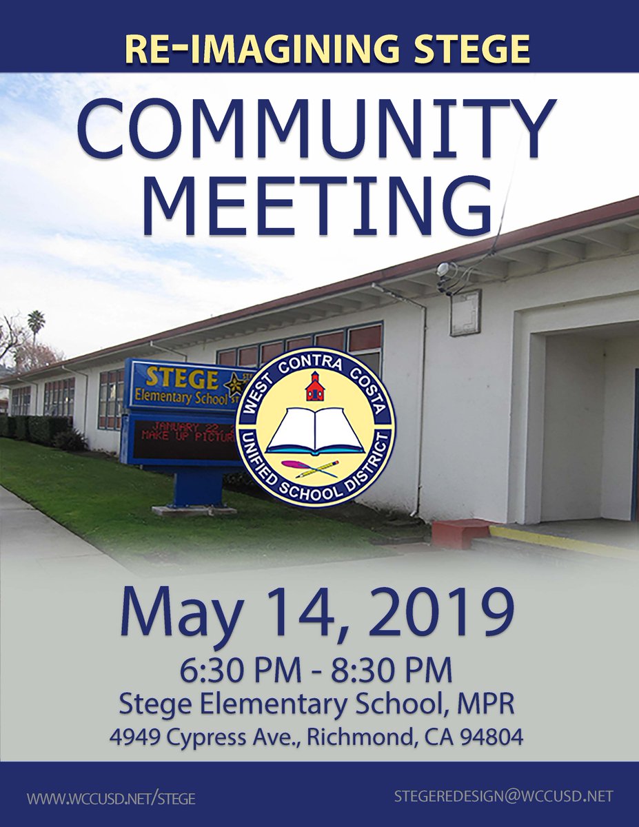WCCUSD's tweet photo. Tonight at 6:30 p.m.: Re-Imagining Stege Community Meeting. Join us at Stege to get an update on the progress towards re-imagining @stegestars and learning how community members and organizations can help. #ReimaginingStege #wholechildwholecommunity #LearningEveryDay https://t.co/VjdHY8RvvB