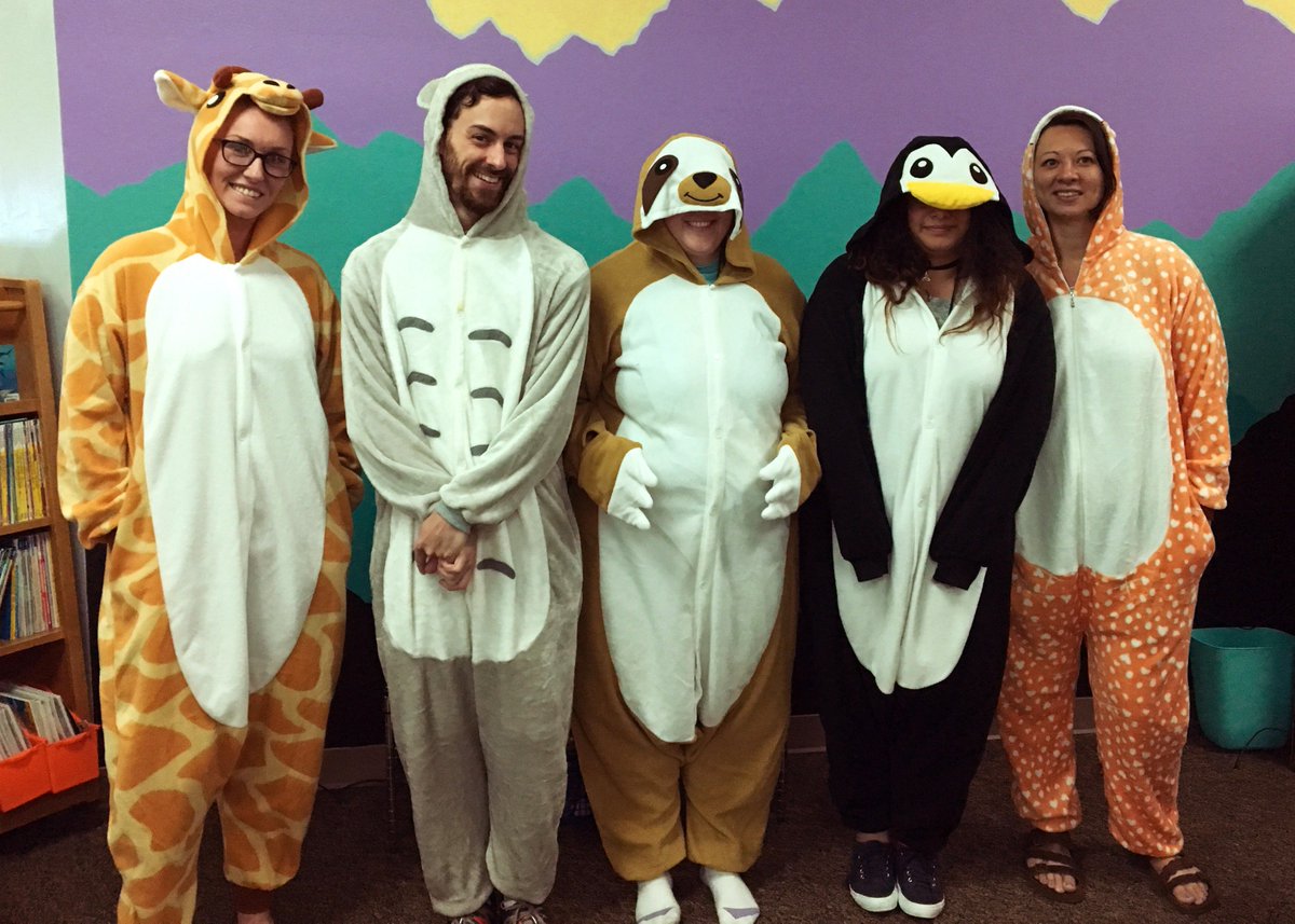 OlympiaSchools's tweet photo. Pajama Day isn't just for the students. The DLC staff at Hansen Elementary School joined the fun by dressing up as animals from the frigid Antarctic to the arid savanna. 🐨🐧🦒#PJsToWork #ASmileOrTwo #WhoIsInTheSlothOutfitHmmm https://t.co/Oo6yKT4nfL