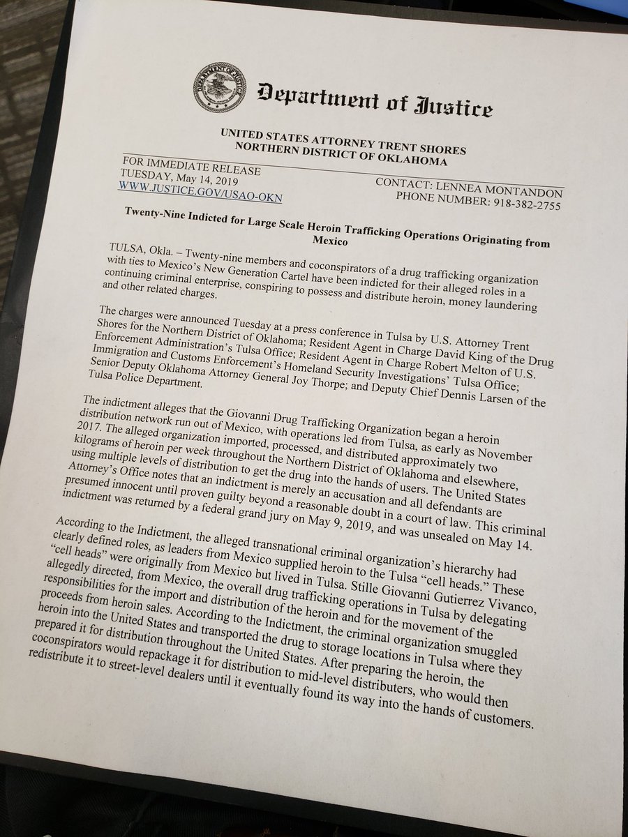 US Attorney Trent Shores is announcing the indictment of 29 people in a large-scale heroin trafficking operation in Tulsa. The indictments were unsealed today.