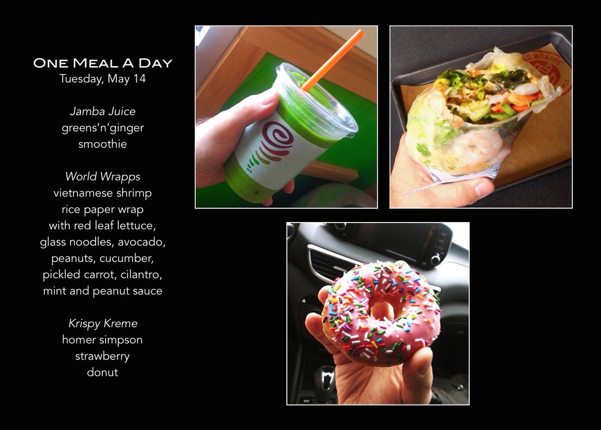 DmitriMatheny's tweet photo. Today’s #OMAD Feast from @JambaJuice @worldwrapps and @krispykreme (San Jose CA) #Grateful #OneMealADay #CleanFast #ColorfulFeast #TheFrugalFlugel #TheOmadNomad #FastEatRepeat #DelayDontDeny #FeastWithoutFear #RealRoadFood https://t.co/Pnu73XOHyL