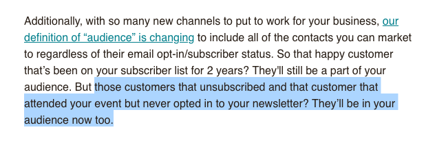 Evanish's tweet photo. Called it. @Mailchimp is going to start charging customers for unsubscribed users under a twisted justification that they're still part of your "audience":

This how bad, big corporate ideas destroy a business. https://t.co/w58W5OHwy8