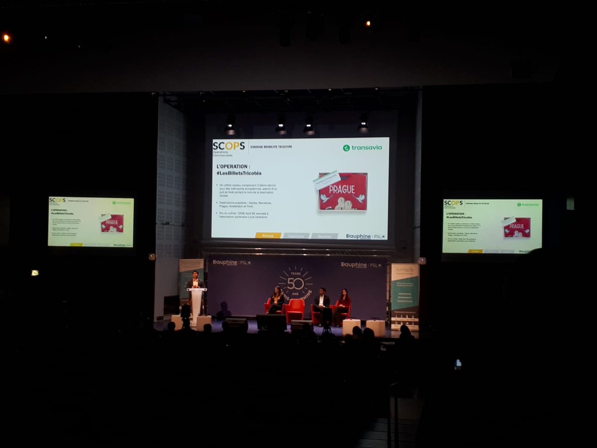 HeleneMiau's tweet photo. Super cérémonie très inspirante des #SCOPS19 @Paris_Dauphine 👏où @transaviaFR était nommée pour son opération #LesBilletsTricotés dans la catégorie opération commerciale innovante par les étudiants parmi plus de 200 opérations 👌 https://t.co/LjJ4ciUD2U