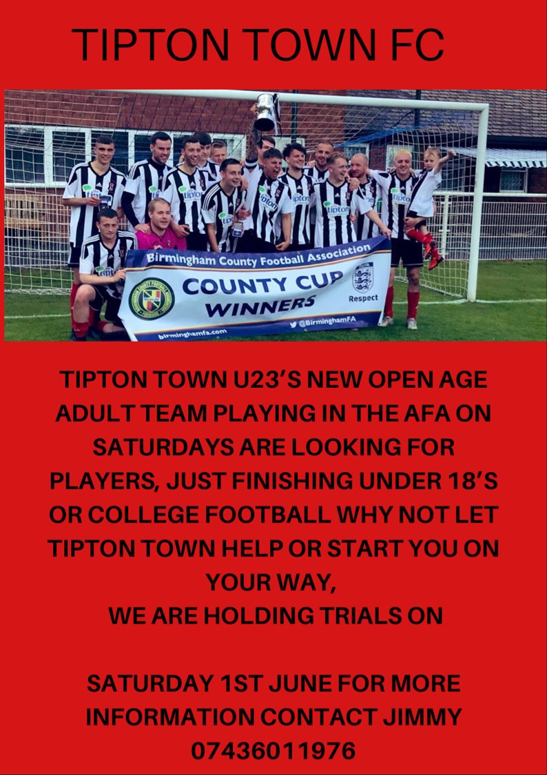 Come and join Tipton Town FC 
Plenty of opportunity for progression. 
The new side will be run by James Alexandra who is well known and respected in local Football.