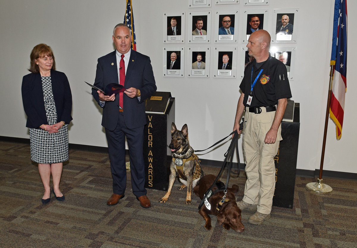 OhioFire's tweet photo. There’s a new “top dog” here at the State Fire Marshal’s office!

Marshal Hussey and @OhioCommerce Director Sheryl Maxfield welcome our new explosive detection canine Rena with an official swearing-in ceremony. https://t.co/XyGyzYUe2M