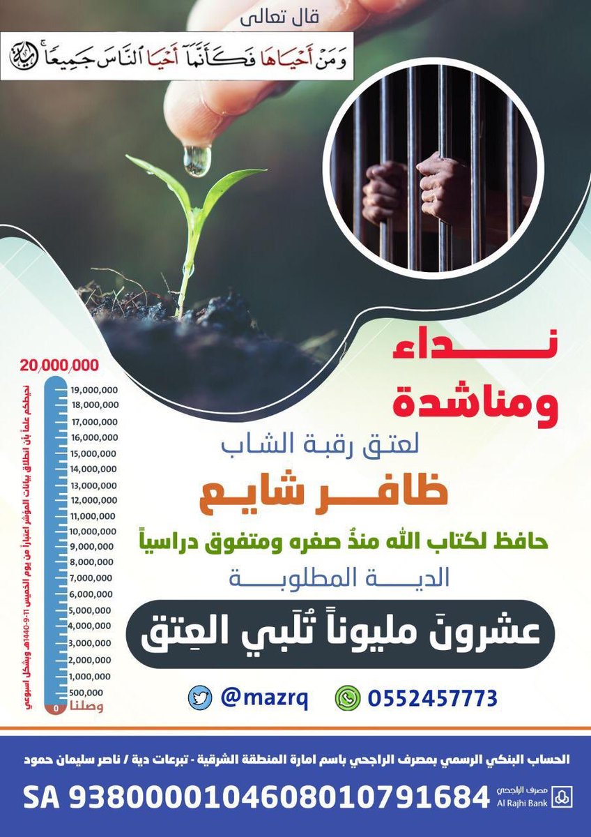 mazrq's tweet photo. تود اللجنة الإعلامية لحملة عتق الشاب/ ظافر بن شايع إشعاركم بأنها بصدد تفعيل مؤشر لما تم إيداعه من مبالغ الدية من قبل أهل الخير علماً بأنه سيكون هناك تحديث كل يوم خميس للمؤشر إعتباراً من يوم الخميس الموافق ١١ رمضان ١٤٤٠ https://t.co/POAWu7Og97