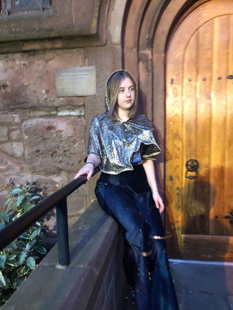 DeptFashion's tweet photo. Duality inspired designs by our @jamieowenh here @rainhillfashion ❤️#sciencevreligion #futuristic #religion #science #zodiac #fabrics #fashion #eyefordesign #patterncutting #futuredesigner #proudteacher #mrscooksclan #rainhill6thform #embroidery #stainedglass #precisiondetailing https://t.co/vI3ejVyvET