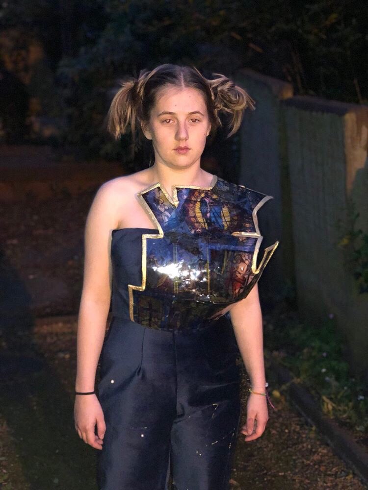 DeptFashion's tweet photo. Duality inspired designs by our @jamieowenh here @rainhillfashion ❤️#sciencevreligion #futuristic #religion #science #zodiac #fabrics #fashion #eyefordesign #patterncutting #futuredesigner #proudteacher #mrscooksclan #rainhill6thform #embroidery #stainedglass #precisiondetailing https://t.co/vI3ejVyvET