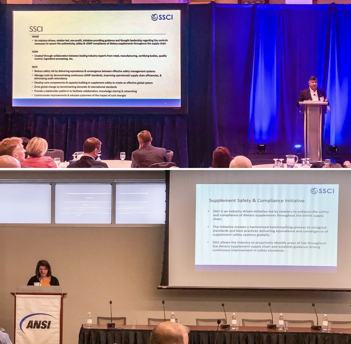 SSCI Chair Guru Ramanathan, Ph.D. (@GNCLiveWell) presenting SSCI updates at the Dietary Supplement Regulatory Summit today and SSCI Vice Chair Dadrion Gaston (@Walmart) presenting SSCI updates at the ANSI (@ansidotorg) Dietary Supplement Consortium yesterday. #supplementsafety