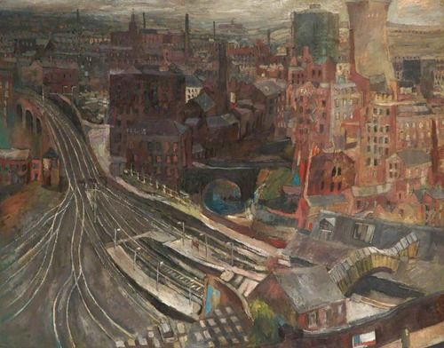Northern art: 'Stockport from Pendlebury Hill, Cheshire' 1966...Oil by #PeterShaw (British, 1926-1982)..Born in #Stockport.. Painter of 'gritty' Northern landscapes.