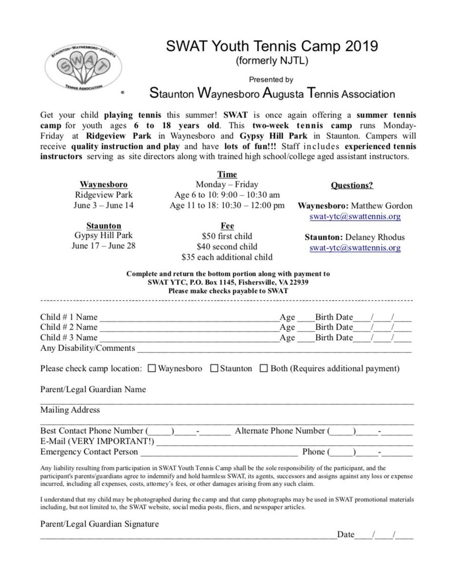swattennis's tweet photo. Get your child playing tennis this summer! SWAT is offering a summer tennis camp for youth ages 6-18. This 2 week camp runs Mon-Fri @ Ridgeview Park in Waynesboro from June 3-14 &amp; Gypsy Hill Park in Staunton from June 17-28. Campers receive quality instruction &amp; have lots of fun! https://t.co/V1QhonCnQa