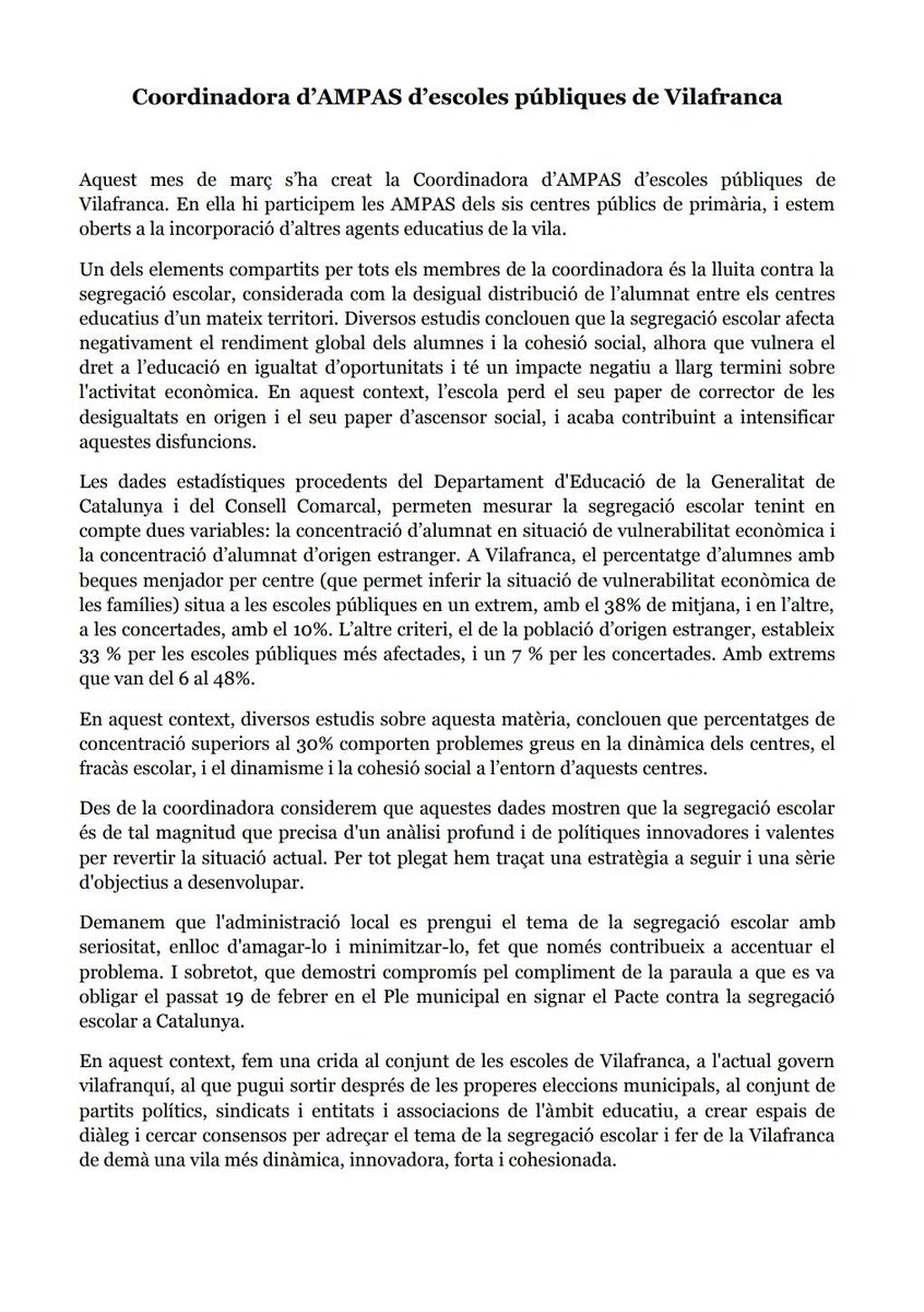 ampas_d's tweet photo. Avui 14 de maig, hem presentat en roda de premsa la Coordinadora d'AMPAs de Vilafranca. Actualment estem treballant sobre el tema de segregació escolar. Aquí adjuntem el manifest que hem presentat als mitjans de comunicació. https://t.co/x6b7dBOxRh