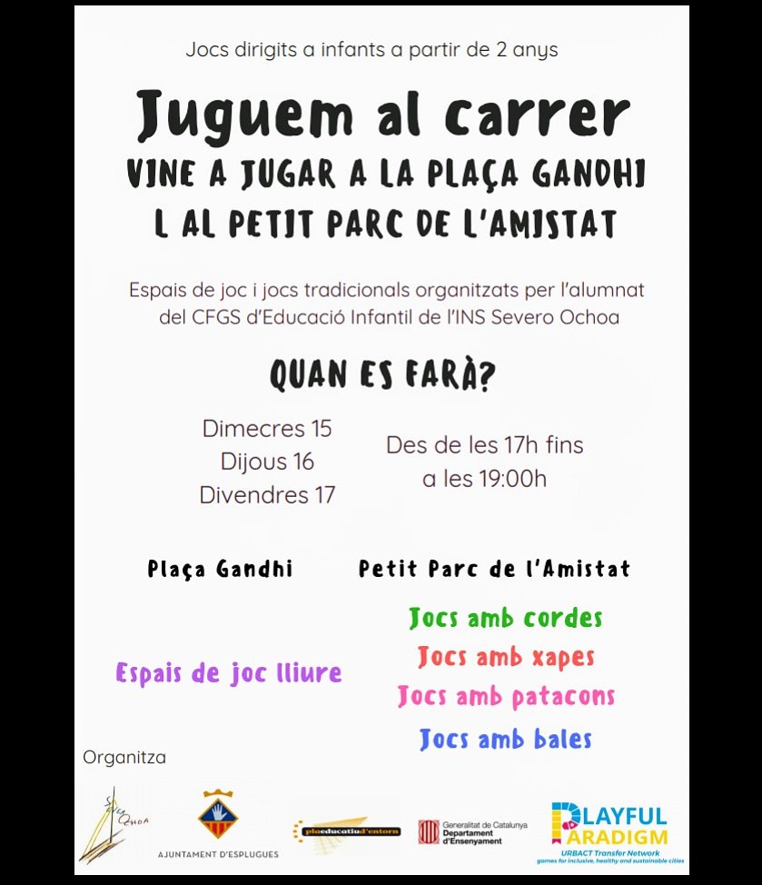 M04Joc's tweet photo. Vine a jugar als espais de joc i a jocs tradicionals amb l'alumnat de 2n d'Educació Infantil de l'IESSEP Severo Ochoa d'Esplugues. https://t.co/Ar3LmRLC1L