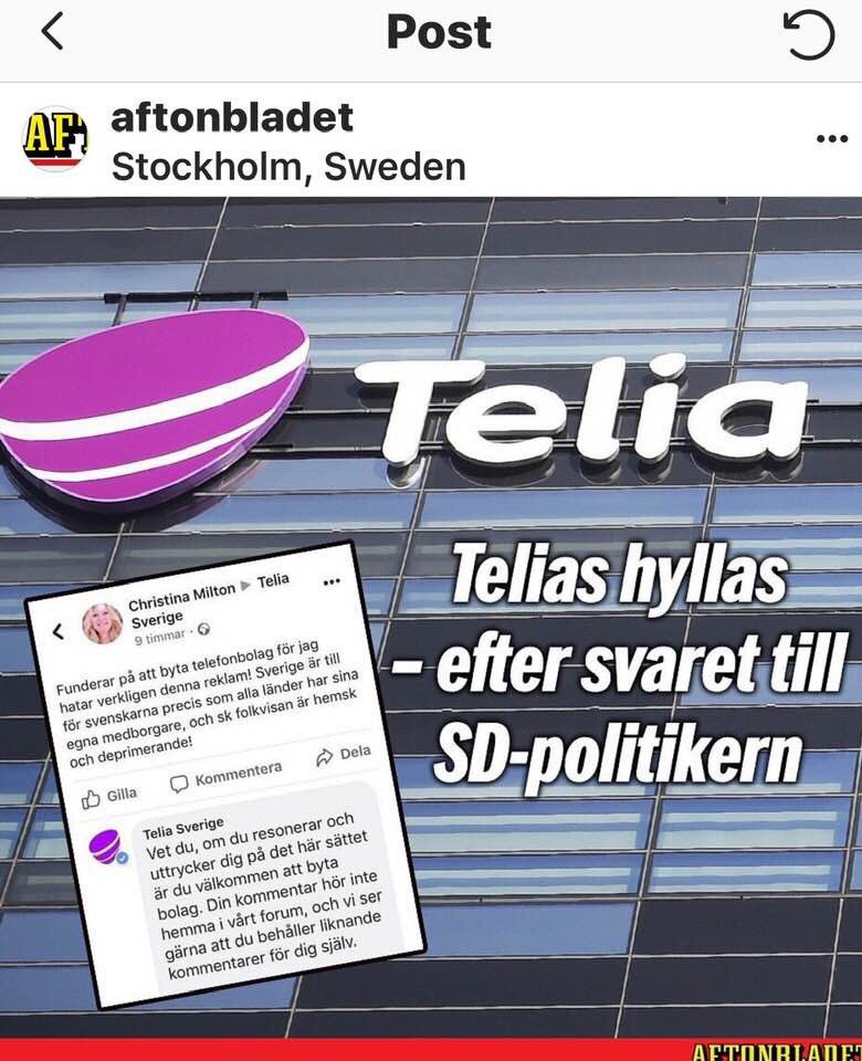 Moments like these, make me certain that I have come home in Telia. Its about time that we as large companies are using our power to take a clear stand and taking part in creating the societies that we believe in. Proud that we dare to do that all over the Nordics and Baltics.