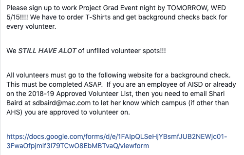 angleton2019's tweet photo. Sign Up to Volunteer for Proj Grad at:
https://t.co/kzXOzEBcA1

Complete Volunteer Form at:
https://t.co/UsVB6cpmGb https://t.co/m1qI3iS9yP