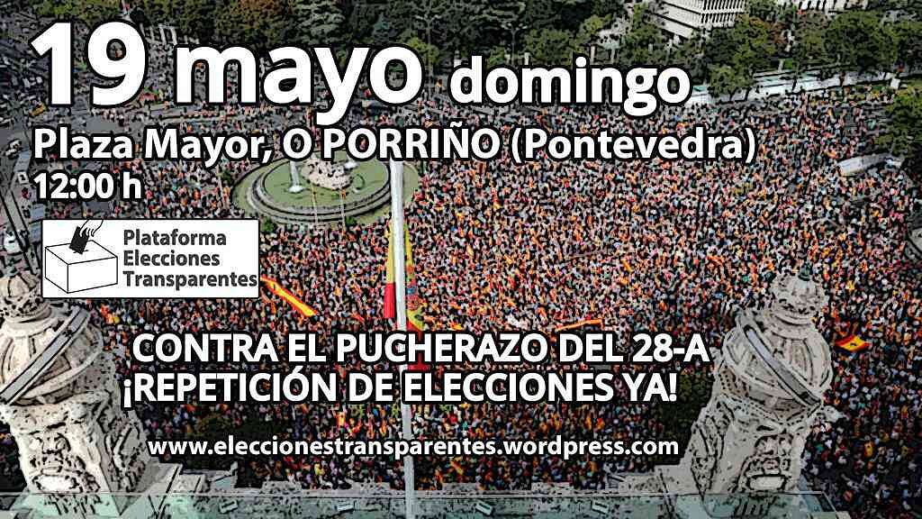 auxespana's tweet photo. ATENCIÓN!📣 MANIFESTACIONES EN TODA ESPAÑA el DOMINGO 19 DE MAYO para denunciar el #PUCHERAZO del 28-A y por la repetición de las elecciones! EL #19M A LAS 12 EN LAS PLAZAS MAYORES DE ESPAÑA.. https://t.co/6JtIbQizC6 https://t.co/7GKMo7bSUj