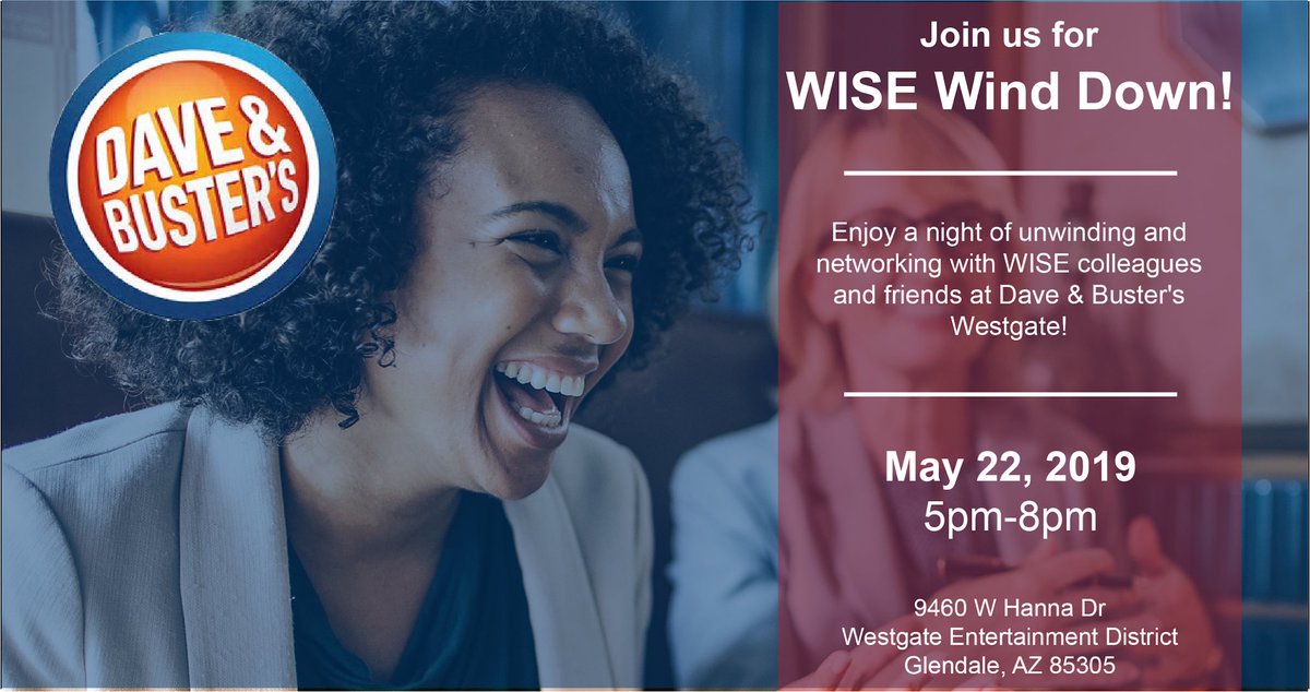 Wise_Arizona's tweet photo. In need of a Wind Down Wednesday? Join your WISE colleagues and friends on Wednesday, May 22 at Dave & Buster's for some unwinding and networking. RSVP now
🍹💃🏻 #WomenInSports #WomenInEvents #WISEarizona #networking #PhxWomen #NetworkingPhx https://t.co/DdoZH29ZmG https://t.co/ybJdi4qedT