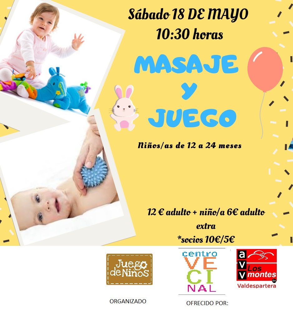 centvecinalsur's tweet photo. Nuevo taller: Masaje y Juego.
*Sábado 18 de mayo a las 10,30h
*Precio socios AAVV Distrito Sur: 10 € adulto + bebé / 5 € adulto extra. Precio no socios: 12 € / 6 €
Niños de 12 a 24 meses. 
Plazas limitadas.
Más información e inscripciones: somoscvsur@gmail.com
#Valdespartera https://t.co/9mrv3PIjyA