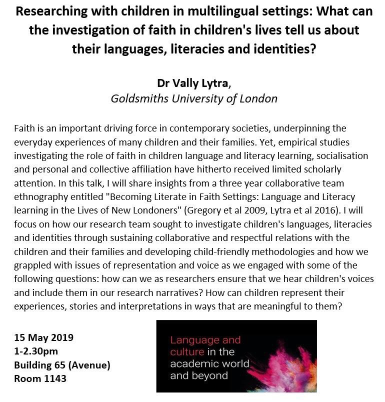 #LCAWB19 will close by Dr Vally Lytra’s talk abt the role of #faith in children’s #language - how they represent themselves &amp; how researchers should ensure that the children’s voices are heard <a href="/UoSDocCollege/">The Doctoral College</a> #PGRFest #multilingualism <a href="/ModernLangs/">Languages, Cultures & Linguistics, Uni Southampton</a> <a href="/CGE_Soton/">CGE Southampton</a> <a href="/MLResearchGroup/">PGR Modern Languages Research Group Soton</a>
