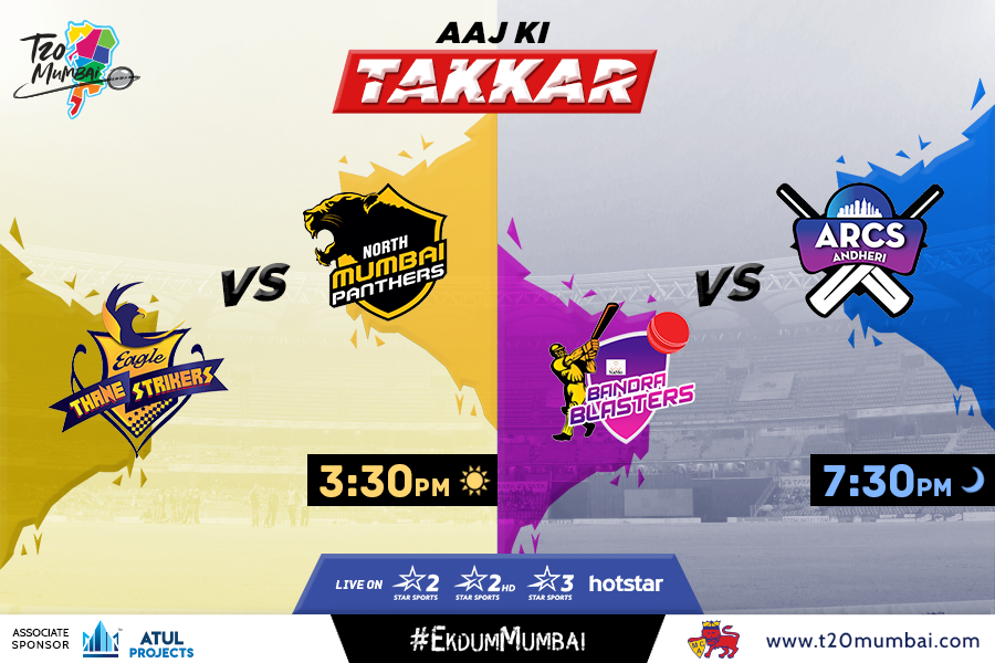 T20 Mumbai (@t20mumbai) on Twitter photo New day, new takkar! ๐ค๐ฝ
.<a href="/eaglestrikers/">Eaglethanestrikers</a> make their debut against <a href="/NMumbaiPanthers/">North Mumbai Panthers</a> while <a href="/ArcsAndheri/">ARCSAndheri</a> will look to turn their fortunes around against <a href="/BandraBlasters/">Namo Bandra Blasters</a>!
Get your tickets here: ๐ bit.ly/2LAFMxT
#EkdumMumbai New day, new takkar! ๐ค๐ฝ
.<a href="/eaglestrikers/">Eaglethanestrikers</a> make their debut against <a href="/NMumbaiPanthers/">North Mumbai Panthers</a> while <a href="/ArcsAndheri/">ARCSAndheri</a> will look to turn their fortunes around against <a href="/BandraBlasters/">Namo Bandra Blasters</a>!
Get your tickets here: ๐ bit.ly/2LAFMxT
#EkdumMumbai