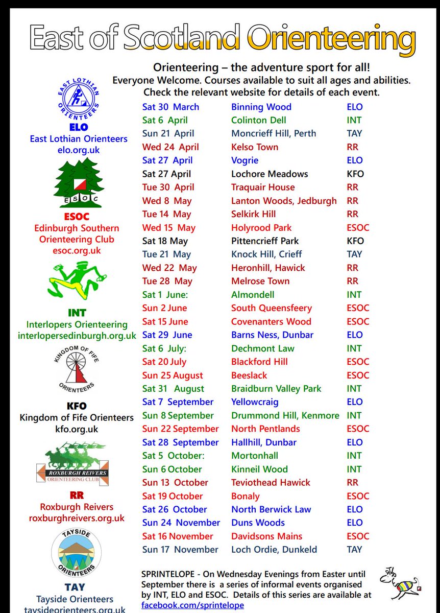 Edinburgh Southern Orienteering Club (@esocweb) on Twitter photo A handy, in one place, list of East of Scotland local orienteering events. <a href="/scottish_o/">Scottish Orienteering</a> @Interlopers_OC <a href="/RRorienteers/">Roxburgh Reivers</a> <a href="/kforienteers/">KFO</a> <a href="/EUOCLegends/">EUOC</a> <a href="/eastlothianoc/">East Lothian Orienteers</a> #TAY Useful as a flyer at World Orienteering Day activities A handy, in one place, list of East of Scotland local orienteering events. <a href="/scottish_o/">Scottish Orienteering</a> @Interlopers_OC <a href="/RRorienteers/">Roxburgh Reivers</a> <a href="/kforienteers/">KFO</a> <a href="/EUOCLegends/">EUOC</a> <a href="/eastlothianoc/">East Lothian Orienteers</a> #TAY Useful as a flyer at World Orienteering Day activities