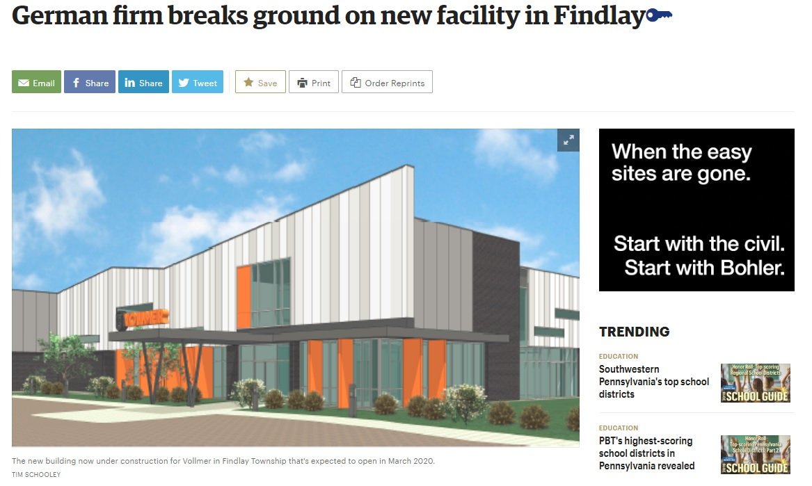 RIDC_SWPA's tweet image. Last year, #RIDC sold a 5.85-acre parcel in RIDC Park West to Vollmer Of America Corp. The German firm has now broken ground at the site for its new facility. @PghBizTimes article by @PBT_Tim. #CREpgh ridc.org/news/on-land-r…