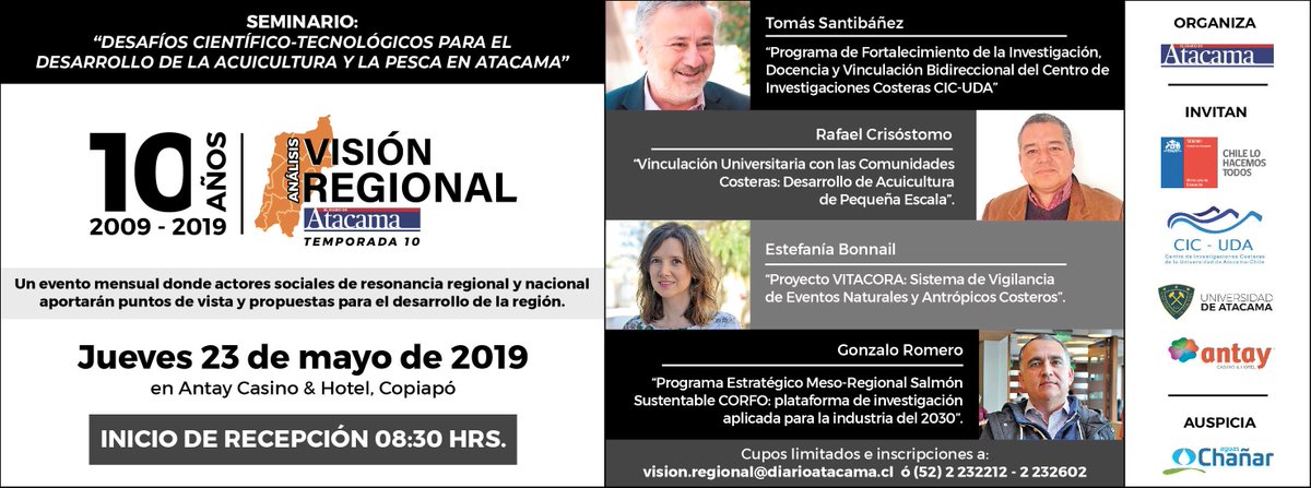 VisionCopiapo's tweet photo. Próximo Seminario "Desafíos Científicos-Tecnologicos para el Desarrollo de la Acuicultura y la Pesca en Atacama" Jueves 23 de Mayo en @AntayCopiapo #CIC-UDA @NoticiasUDA @aguaschanar @SeremieducIII https://t.co/DcK0cuGXPT