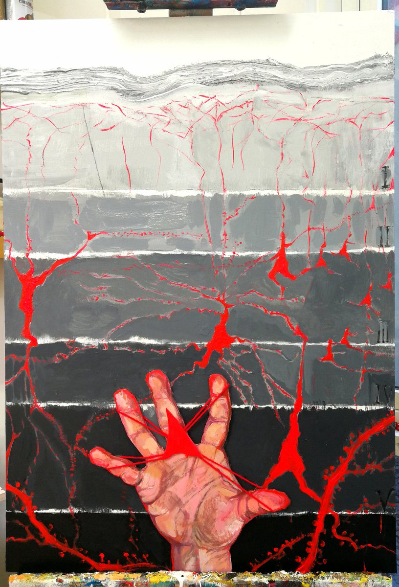 RebeccaIvatts's tweet image. My neuroplasticity work coming along... It "talks" rather nicely to 'Crucifixion (death of a neuron)' too... The latter inspired by incredible microscope imaging from @KCLWCIC