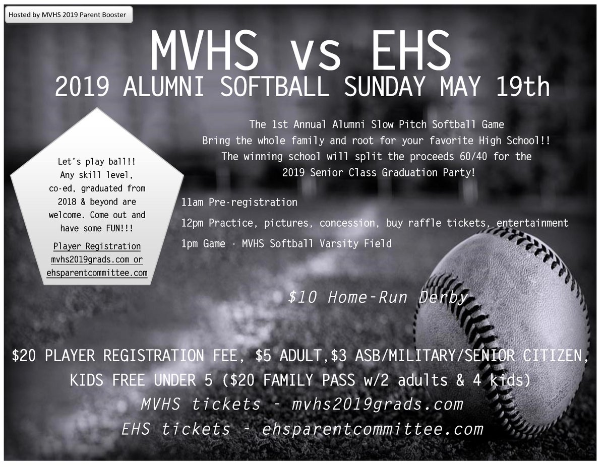 SOFTBALL !! This Sunday, Alumni Game ! EHS vs MVHS. Come on out to the Mt. View High School fields next to the school AND HAVE SOME FUN WITH US ! Raffles, concessions, Home-Run-Derby open to ALL ! PLAYERS: Please see the flyer for registration websites.