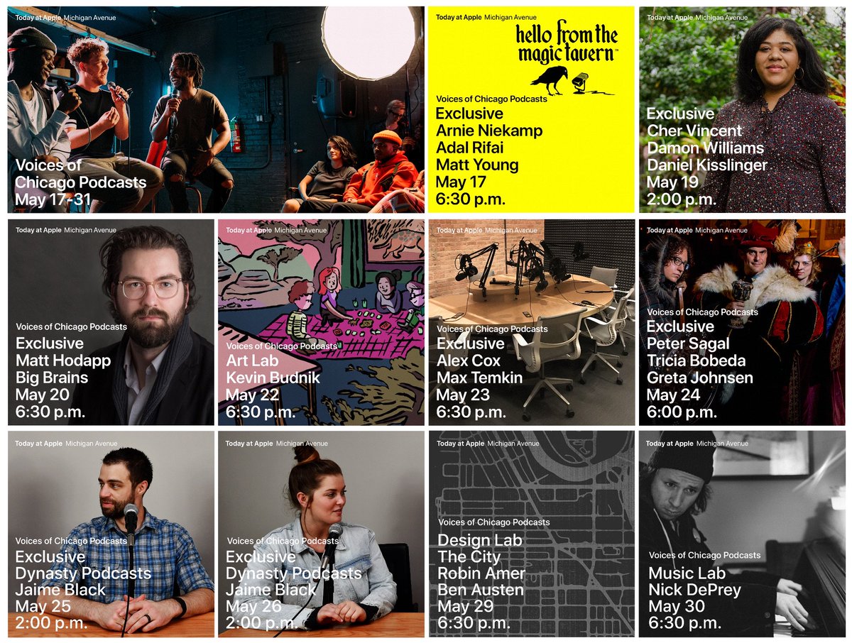 n_o_r_a's tweet photo. Excited to announce the Voices of Chicago Podcasts series at Apple Michigan Ave, May 17-31. Sessions feature @magictavern, @WBEZ’s @nerdettepodcast w/ @petersagal, @rsamer from @thecitypod, @BigBrainsUC, @dynastypodcasts &amp; more. Visit https://t.co/893NeI0GzP for more. (1 of 2) https://t.co/KGdTEH2TR8