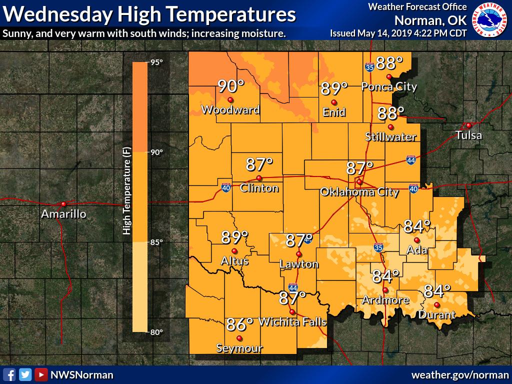 NWSNorman's tweet photo. Very warm day expected Wednesday with sunny skies and south winds. #okwx #texomawx https://t.co/P8hqtwL051