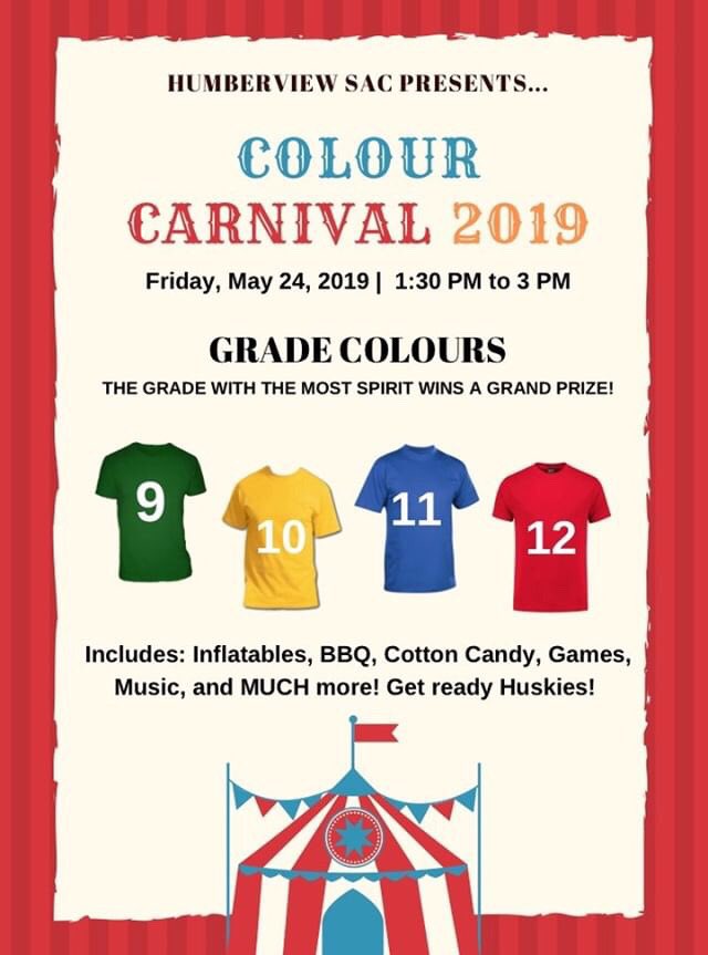 Huskies, get ready for one of the most exciting days of the year, Colour Carnival 2019!🌈🎡🍭🍿🍧Wear your colours and join us on Friday, May 24th for an afternoon filled with lots of fun!  💚💛💙❤️