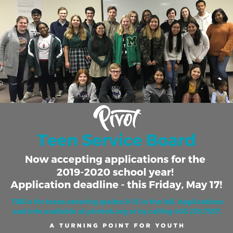 pivotokla's tweet photo. Know a teen looking to serve? Applications due Friday. #pivotok #community #teenshelpingteens
@OKCPS @PutnamCityOK @EdmondSchools @middelnews @BishopMcGuinnes https://t.co/pz6yPA0Mnq