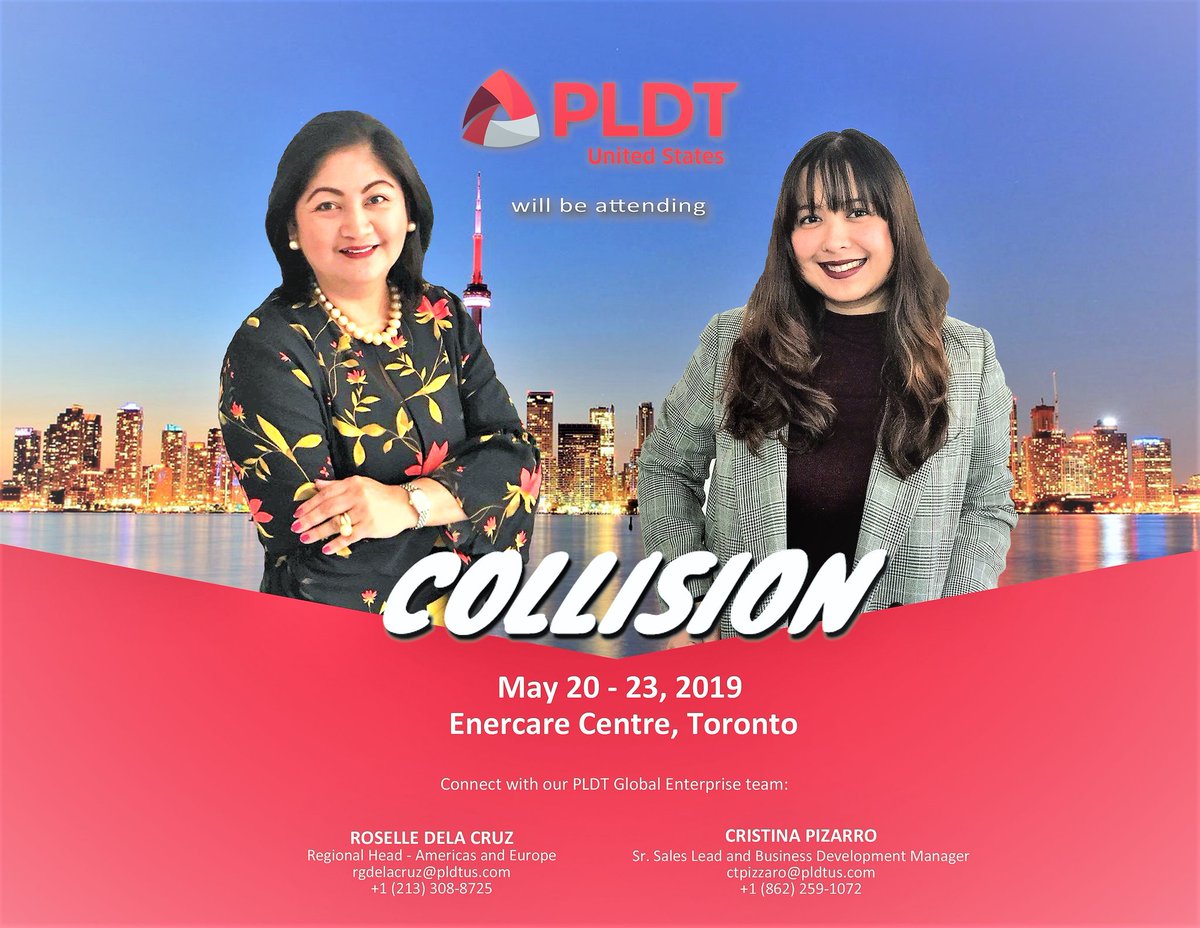 PLDTUS's tweet photo. PLDT US will be in Toronto on May 20-23, 2019 for the Collision Conference. Come and meet the team- Roselle dela Cruz and Cristina Templa.#pldtus #pldt #pldtglobal #epldt # pldtenterprise https://t.co/e1vTSDDAXn