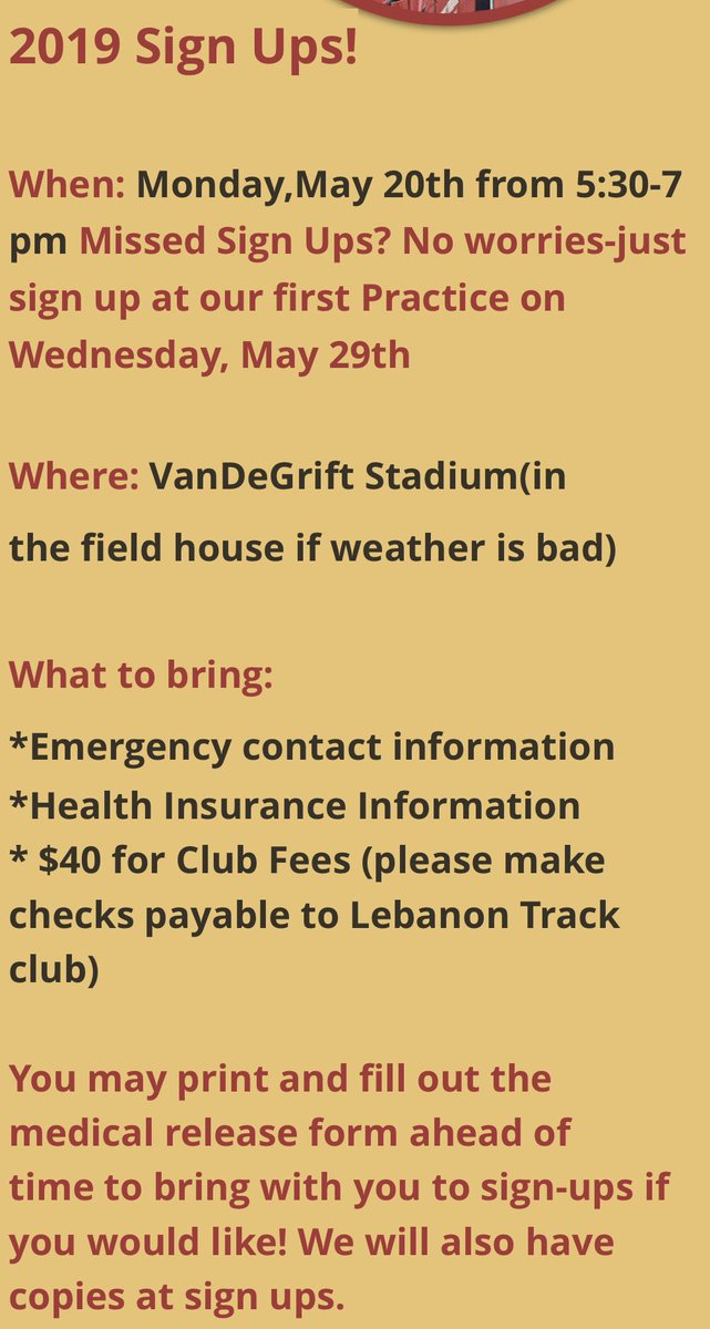 Calling all athletes ages 7-12! Lebanon Track &amp; Field Club is prepping for their 2019 season. 
More info: lebanontrackclub.com